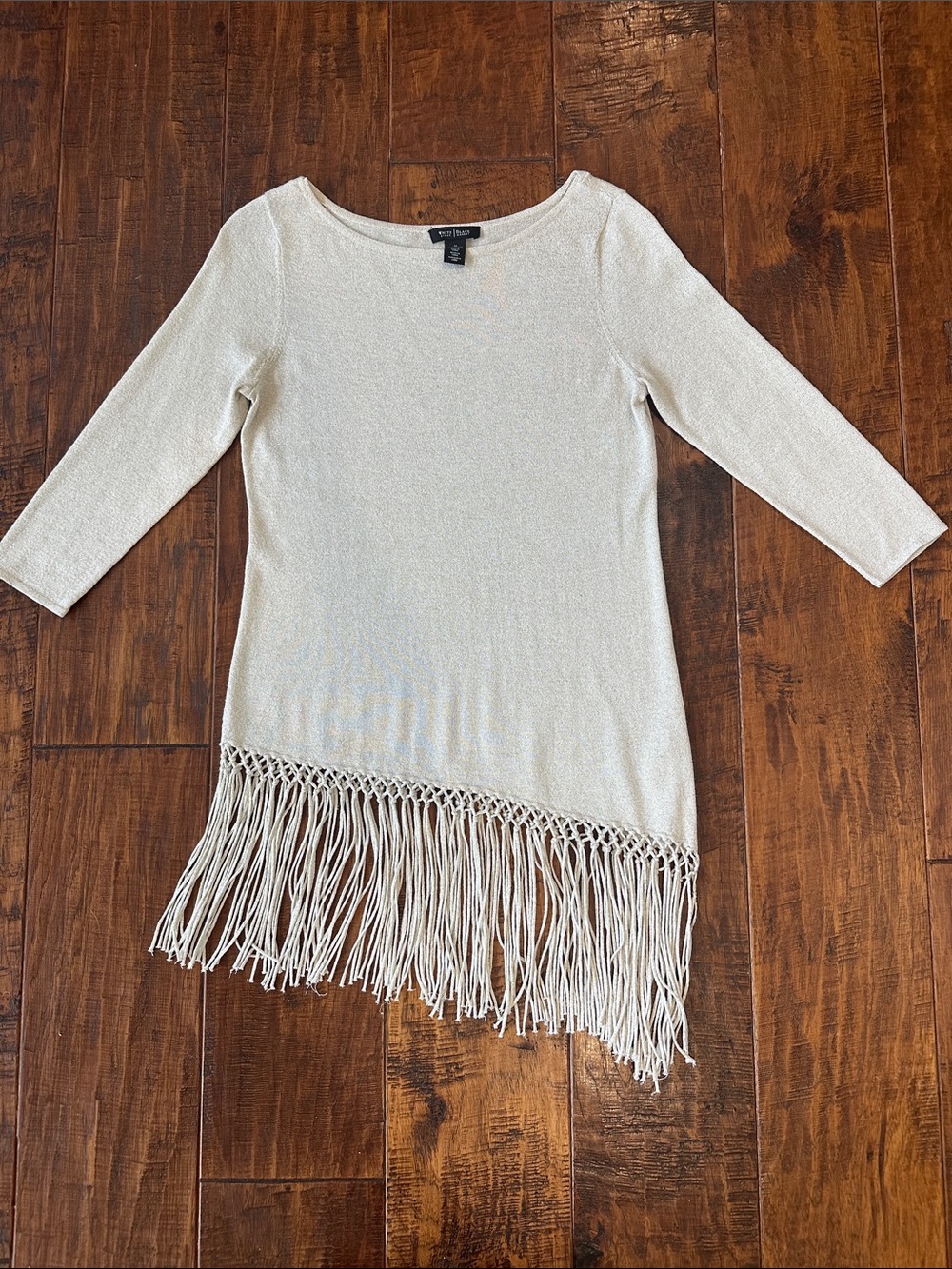 White House Black Market Cream Fringe-Hem Boatneck Sweater